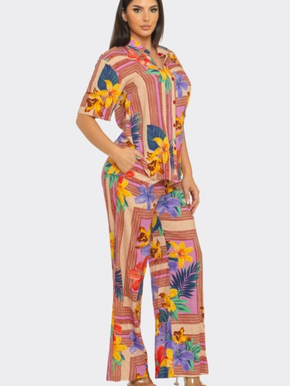 Tropical Floral Pants  Set - Multi Pink
